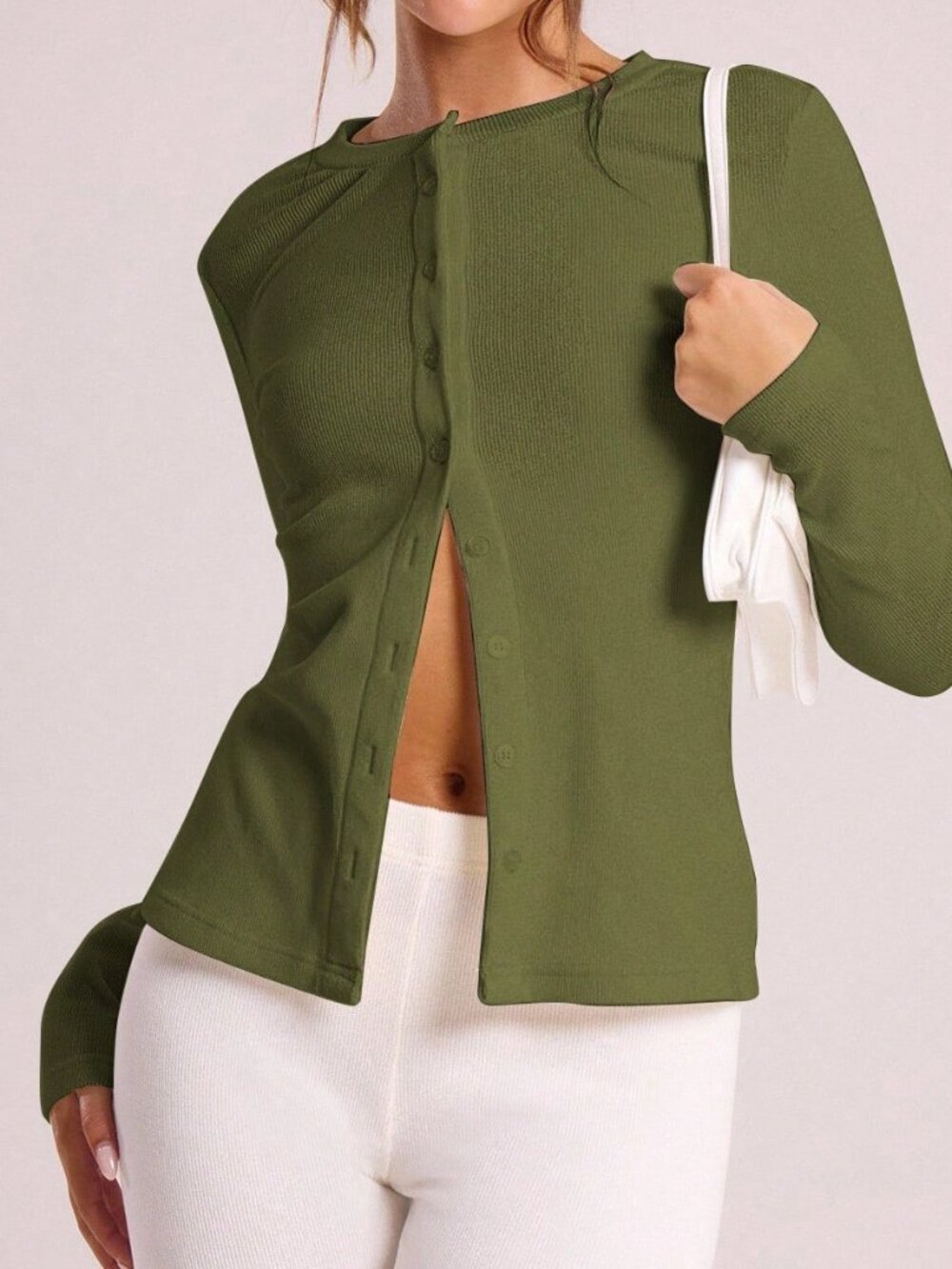 Army Green Casual Women's Button Through Long Sleeve Slim Fit Crew Neck Top